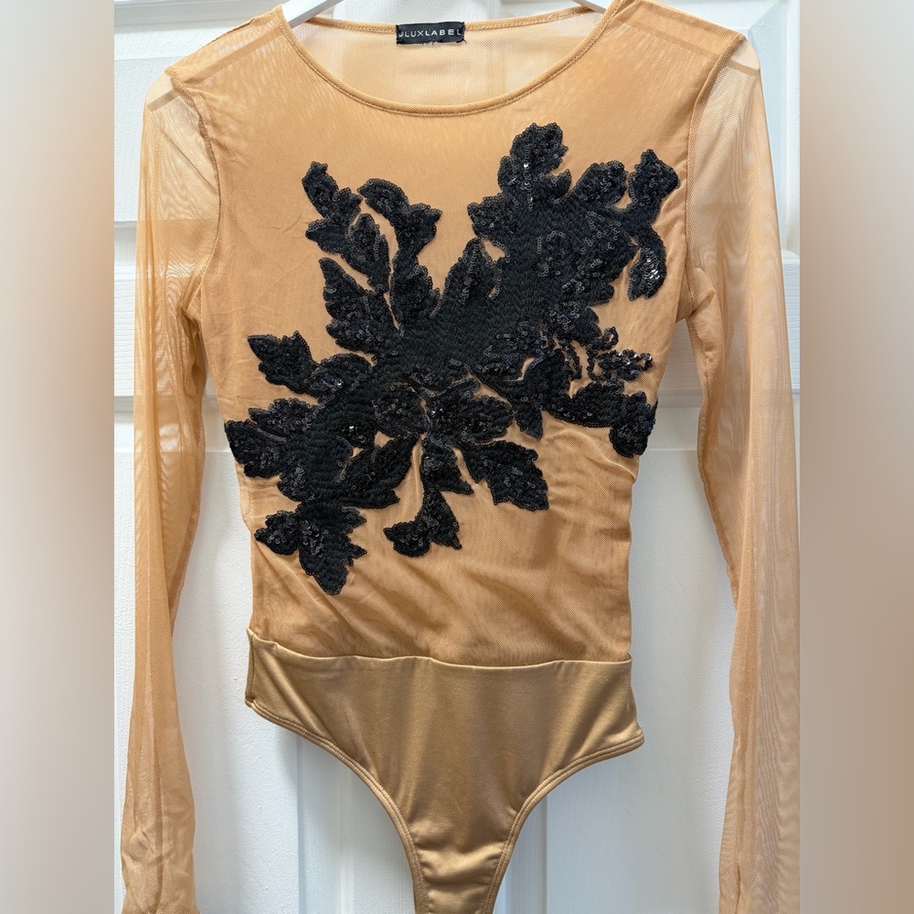 JLUXLABEL Black Sequin & Mesh Bodysuit
